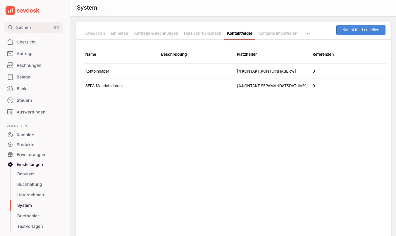 sevdesk eigene Kontaktfelder für Konto