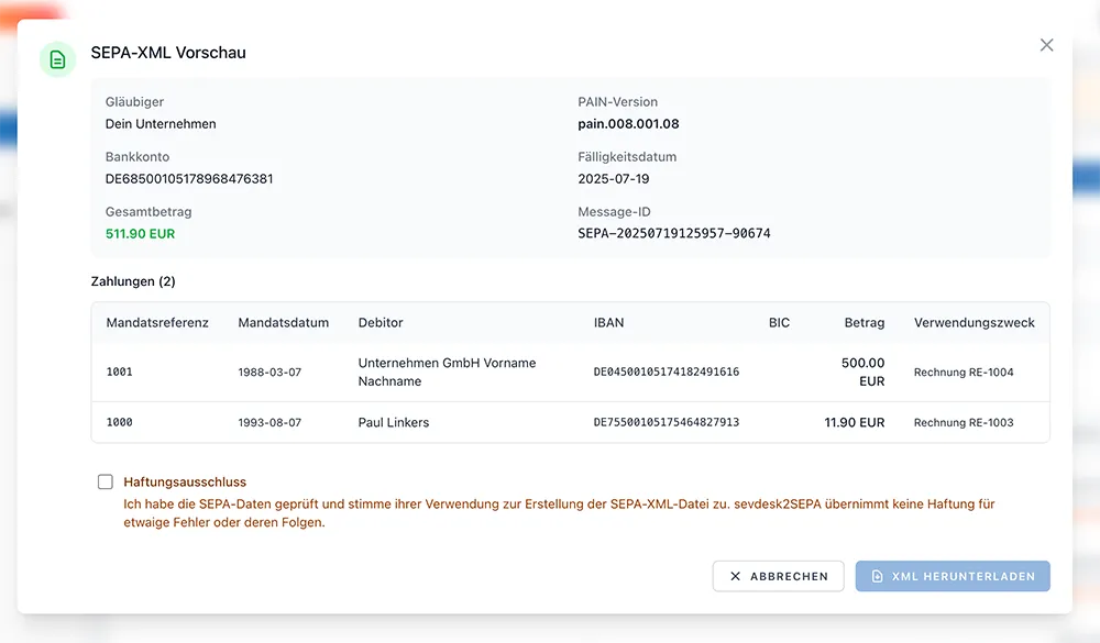 SEPA-Lastschrift Transaktionen Übersicht und auf Richtigkeit prüfen