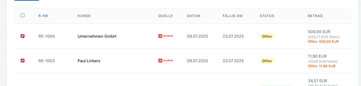 Rechnungen für SEPA-Lastschrift auswählen